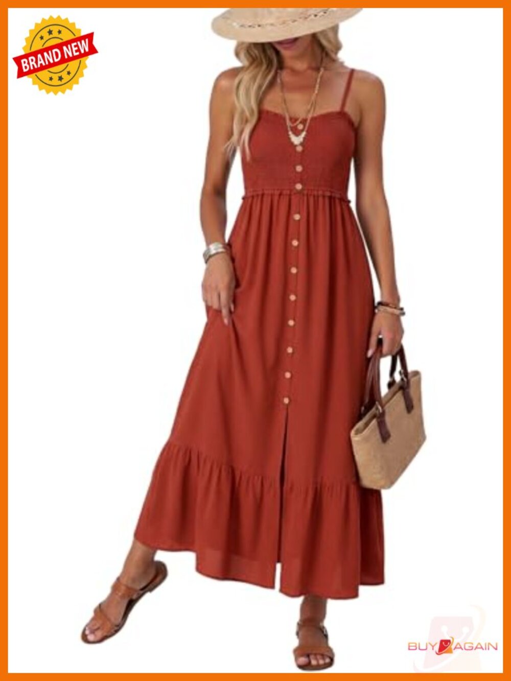 Sleeveless Smocked Maxi Dress Button Down Beach Vacation with Pockets